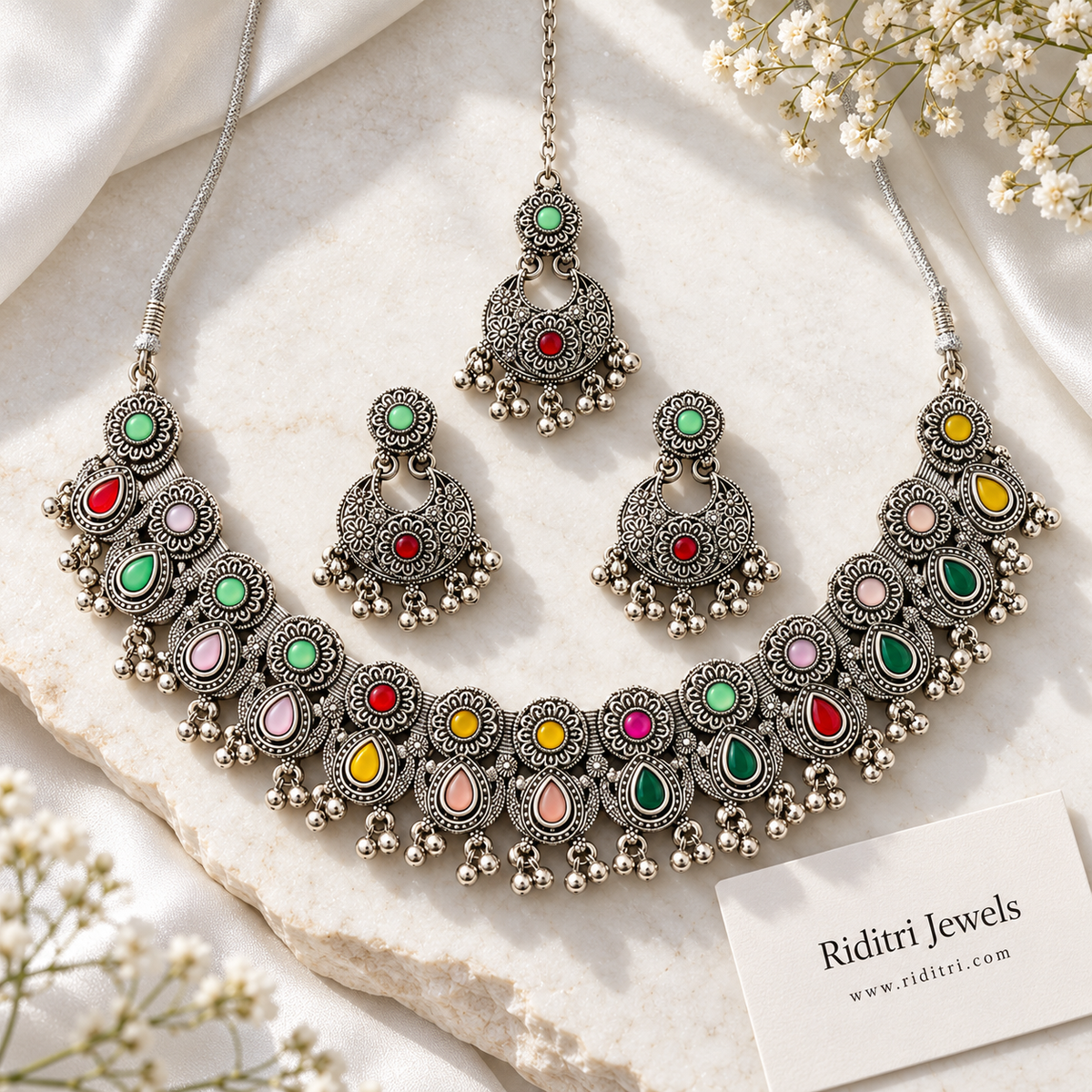 Navratan Oxidised Necklace Set – matching oxidised chandbali earrings and maang tika with mint and red stones and ghungroo drops, view 3