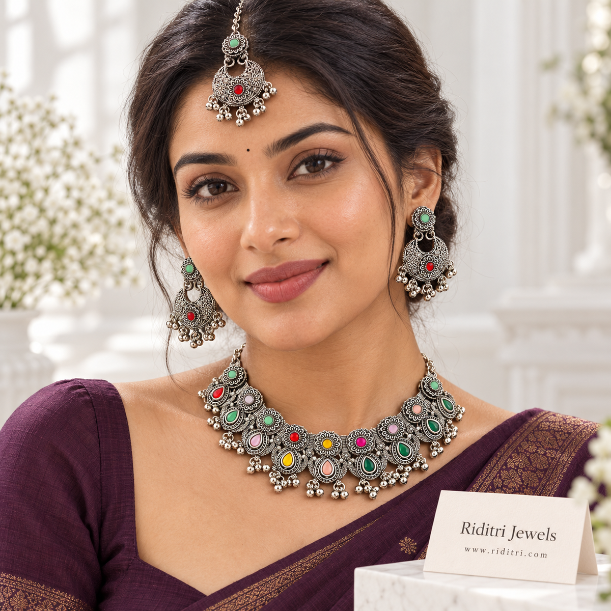 Navratan Oxidised Necklace Set – silver-toned choker-style necklace with red, green, pink, yellow and peach stones and ghungroo drops, view 2