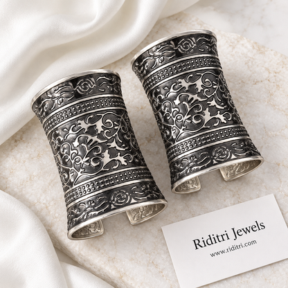 Bel Buta Adjustable Broad Cuff Bracelets – inside view of the silver-toned open cuffs showing the adjustable opening, view 2