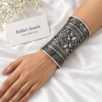 Bel Buta Adjustable Broad Cuff Bracelets worn on the wrist – oxidised vine pattern cuff for garba and Navratri, view 3