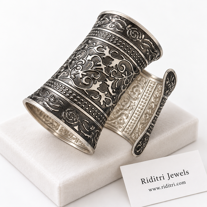 Bel Buta Adjustable Broad Cuff Bracelets – close-up of the pair with swirling bel buta vines and floral borders, view 4