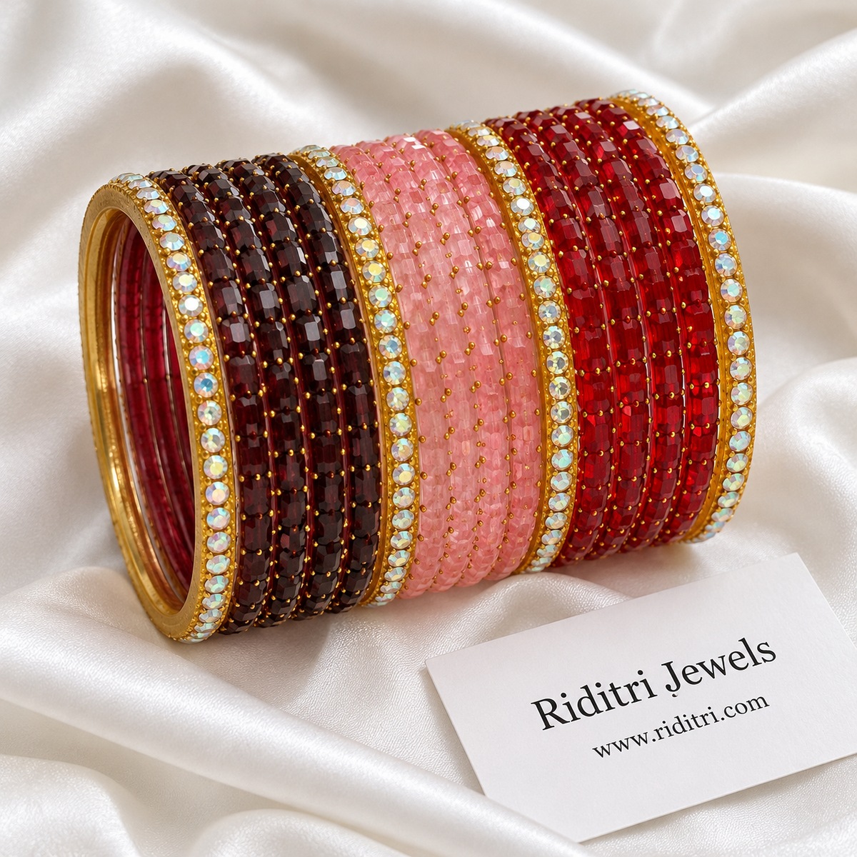 Maroon Pink Red Stone Bangle Set – stacked bangle set for Karwa Chauth and weddings, view 3