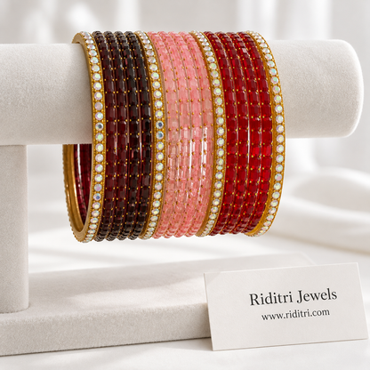 Maroon Pink Red Stone Bangle Set – faceted maroon, baby pink and red stone bangles with gold dots, view 2