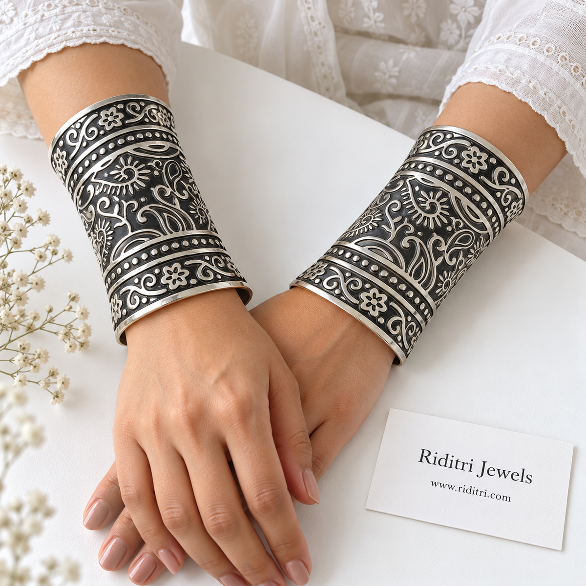 Kairi Paisley Adjustable Broad Cuff Bracelets – open cuff view with dotted bands and floral borders for garba and Navratri, view 2