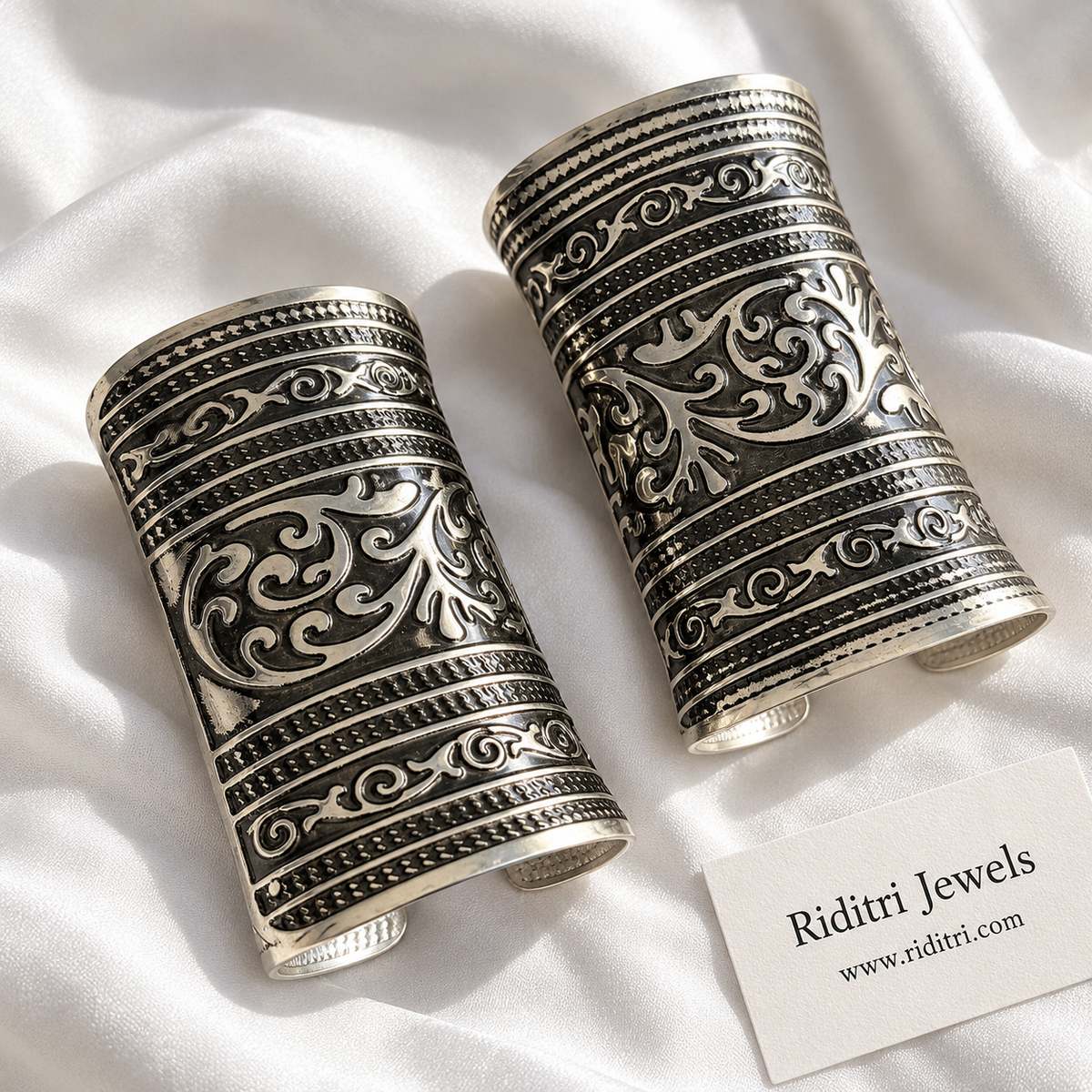 Shahi Scroll Adjustable Broad Cuff Bracelets – close-up of swirling scroll work and rope-style bands, view 2