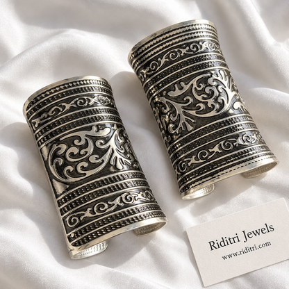 Shahi Scroll Adjustable Broad Cuff Bracelets – close-up of swirling scroll work and rope-style bands, view 2
