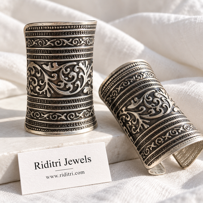 Shahi Scroll Adjustable Broad Cuff Bracelets – open adjustable cuff view for Navratri and garba, view 3
