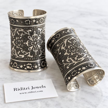 Gul Bahar Adjustable Broad Cuff Bracelets – close-up of the oxidised flower design and blossom border bands, view 2