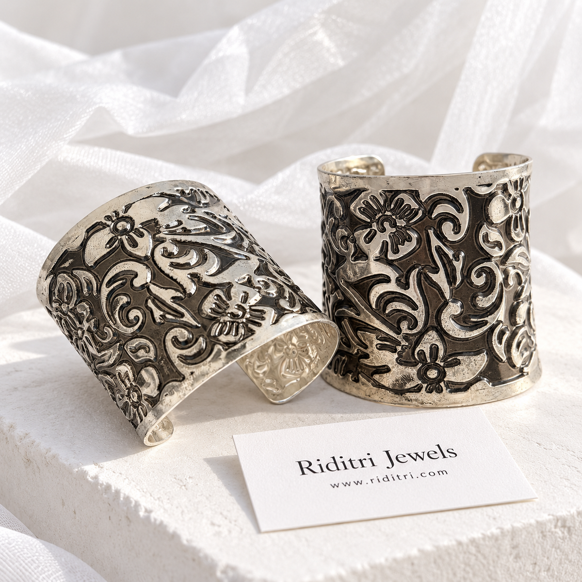 Phool Jaal Adjustable Short Cuff Bracelets – close-up of the floral swirl pattern on the lightweight short cuffs, view 2