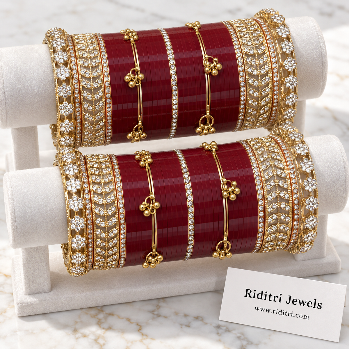 Maroon Bridal Chooda Set packed in the Riditri peacock and lotus gift box – ready to gift, view 5