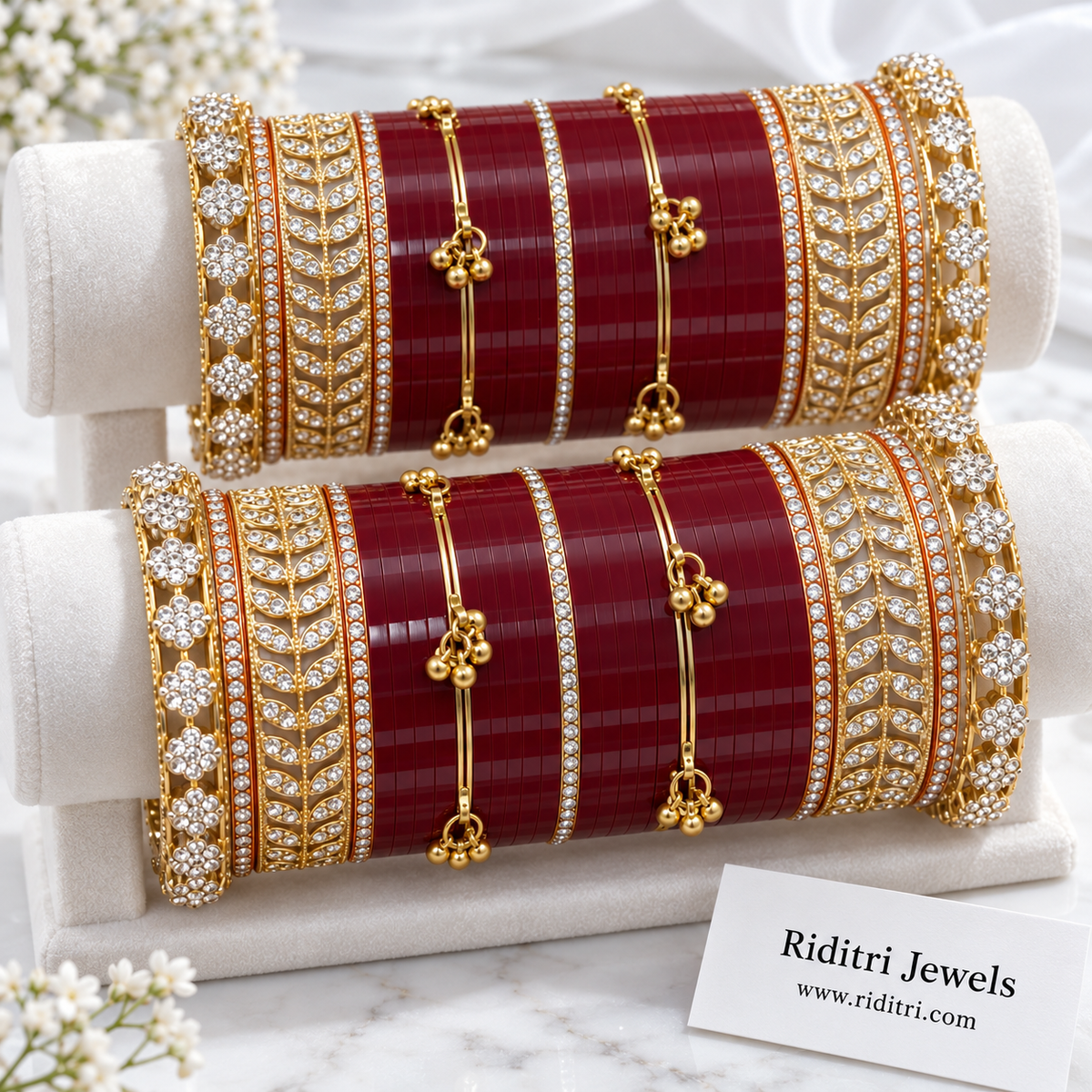 Maroon Bridal Chooda Set – close-up of maroon bangles with flower-edge stone borders and ghungroo bangles, view 3