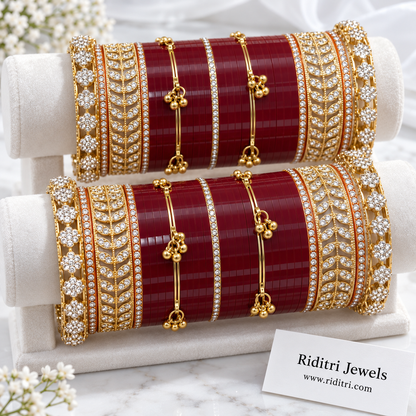Maroon Bridal Chooda Set – close-up of maroon bangles with flower-edge stone borders and ghungroo bangles, view 3