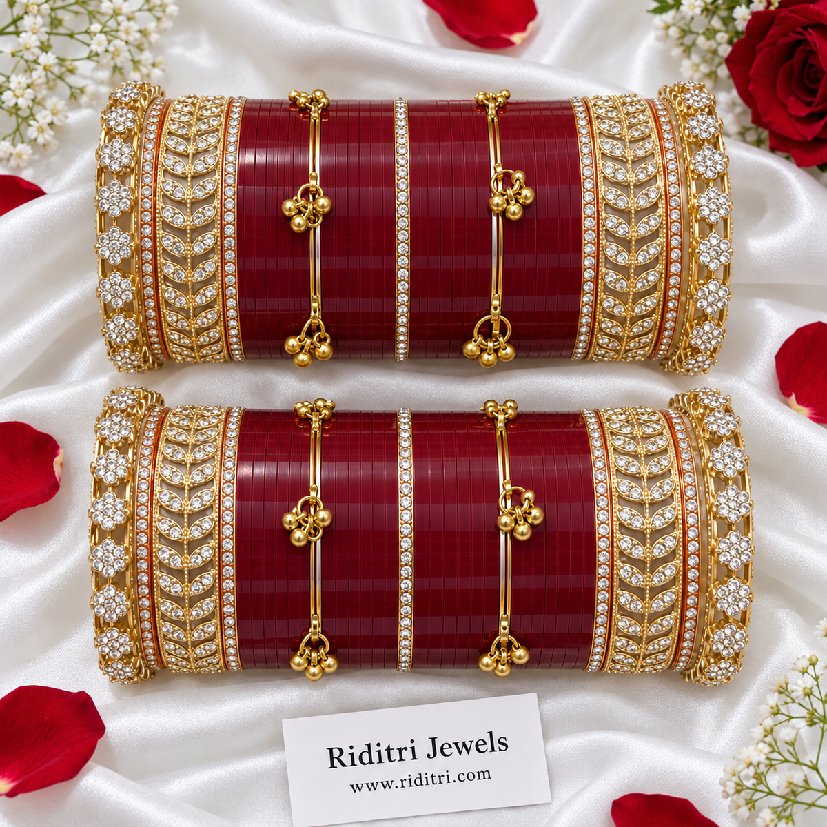 Maroon Bridal Chooda Set – bridal chooda for Karwa Chauth and weddings, both hands side by side, view 4