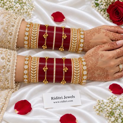Maroon Bridal Chooda Set – matched pair for both hands in a satin-lined box, sparkling leaf-pattern stone kadas, view 2