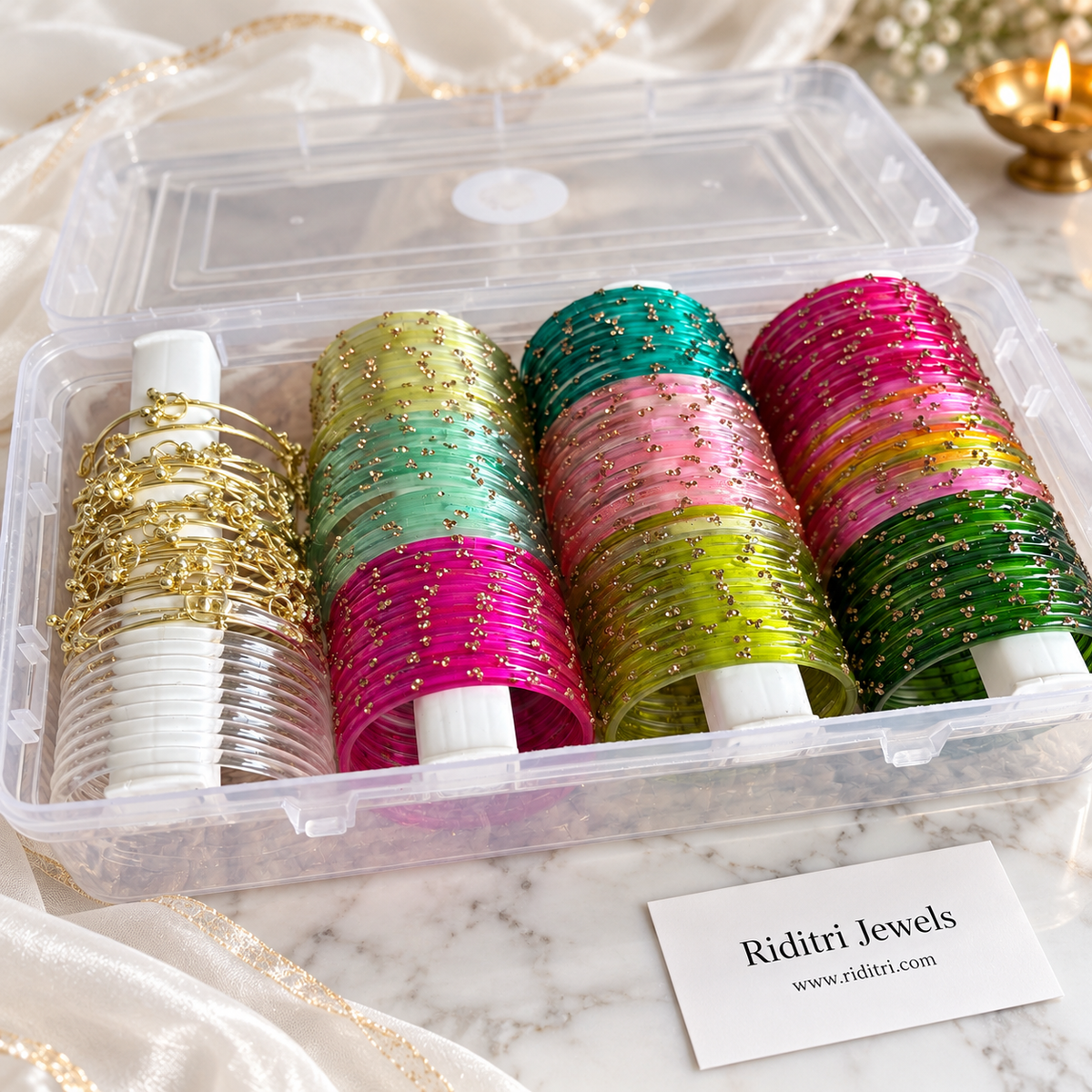 Karwa Chauth Bangle Hamper Box – pastel and bright Kashmiri bangle colours with gold stone dots, view 4