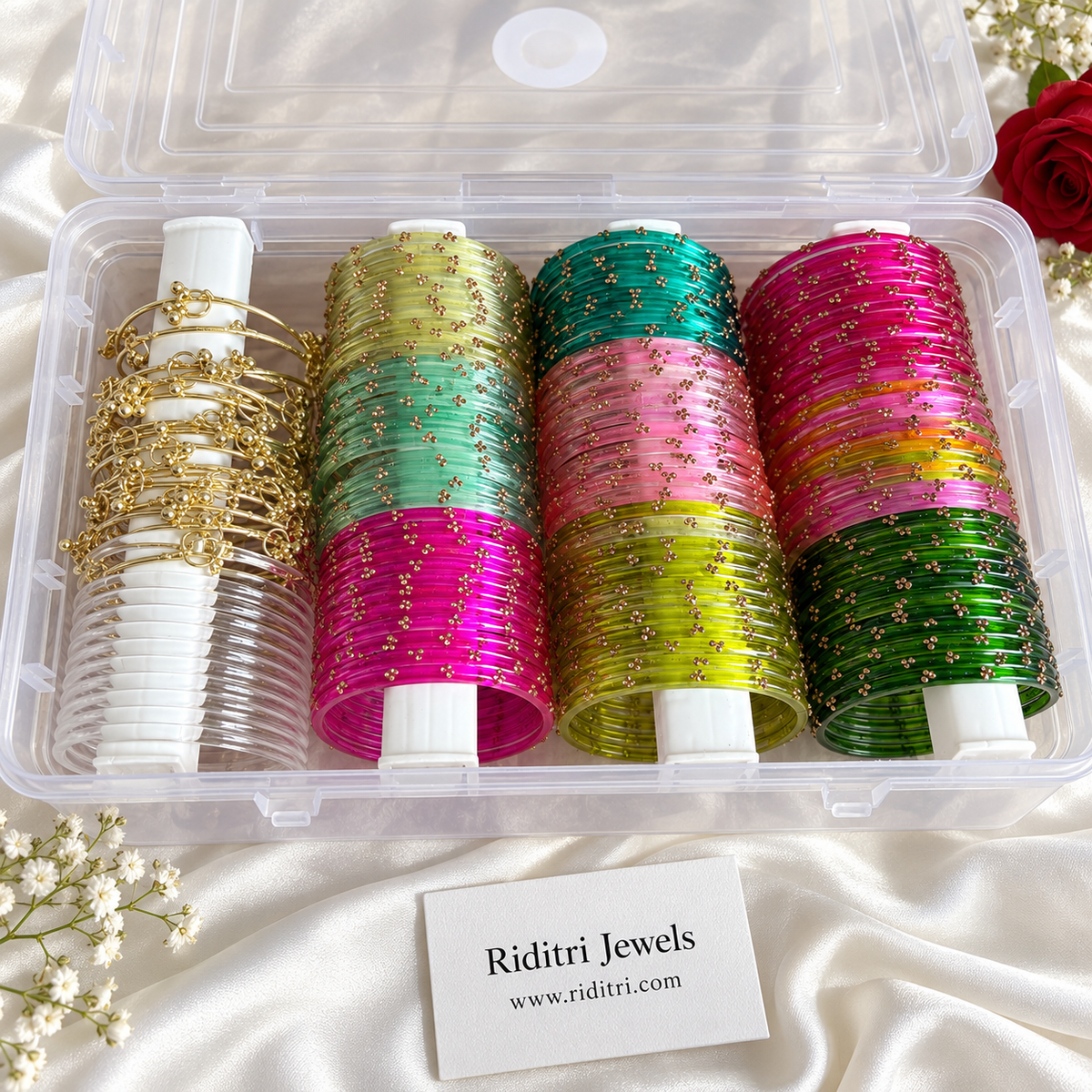 Karwa Chauth Bangle Hamper Box – 16 gold-toned ghungroo bangles and 1 dozen white jelly bangles to mix with every colour, view 5