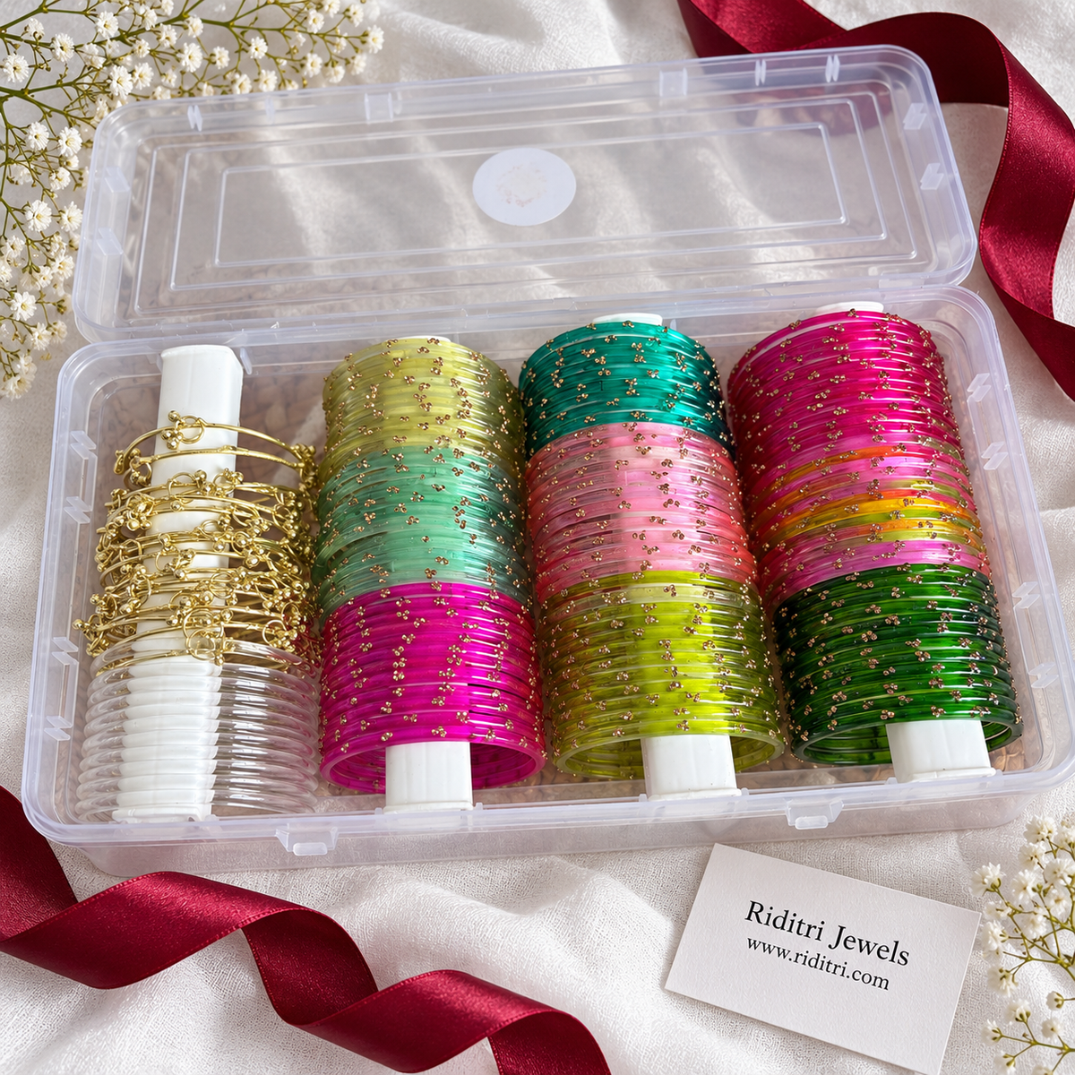 Karwa Chauth Bangle Hamper Box – rani pink, magenta, baby pink, mint, teal, lime, dark green, lemon and multicolour Kashmiri bangles, view 2