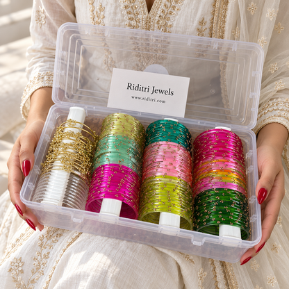 Karwa Chauth Bangle Hamper Box – 4-roll clear bangle box with gold-dotted Kashmiri bangles, white jelly and ghungroo bangles, view 3