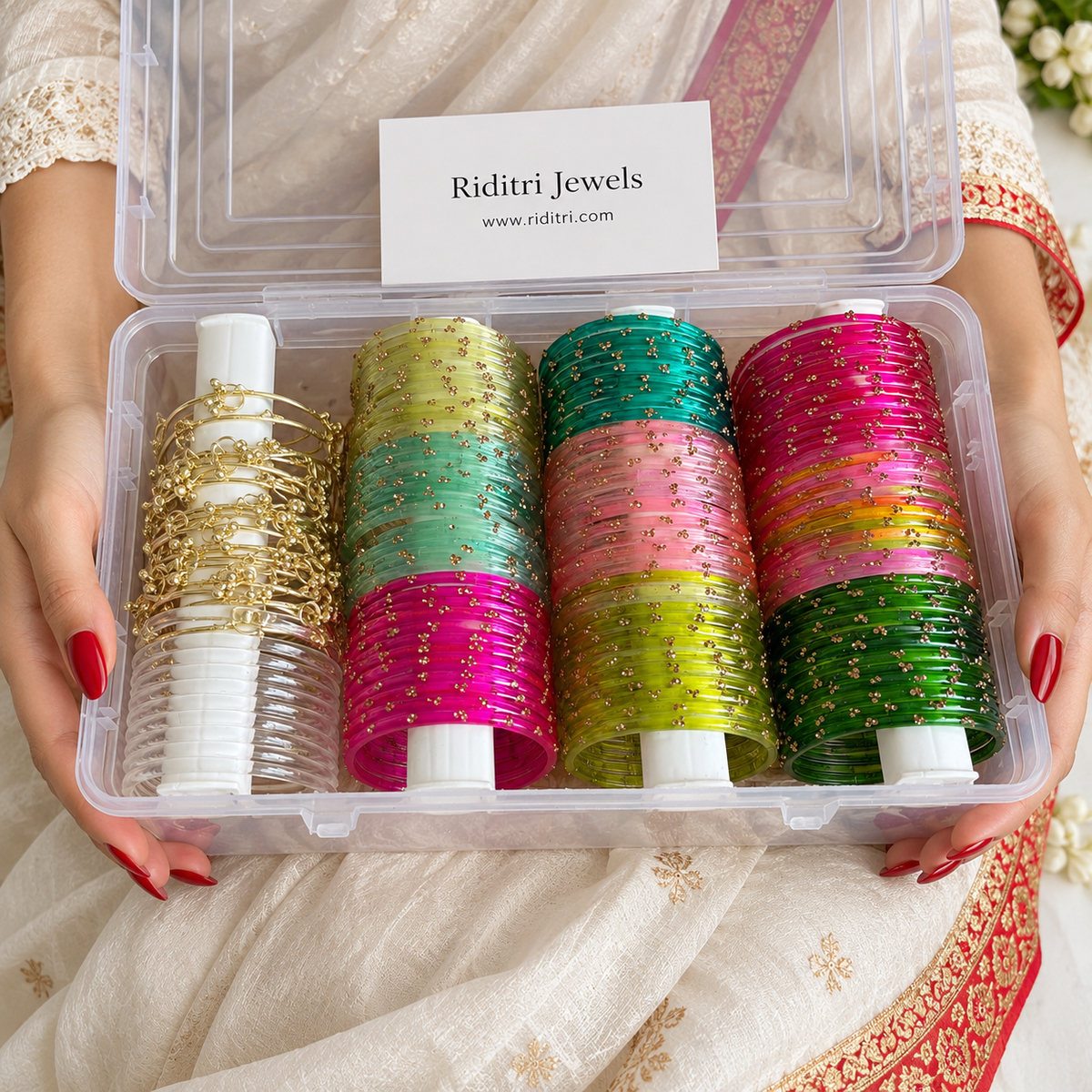 Karwa Chauth bangle hamper box in 10 colours with 9 dozen viral Kashmiri bangles, white jelly bangles and gold-toned ghungroo bangles by Riditri