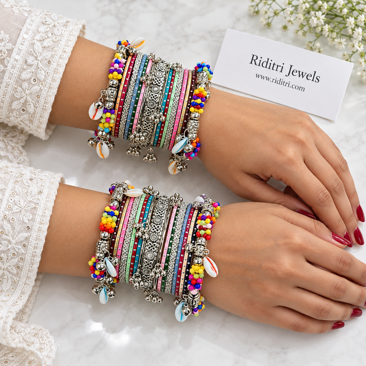 Kodi Garba Bangle Set – full stack of multicolour dotted bangles and silver-toned ghungroo bangles framed by beaded kodi kadas, view 2