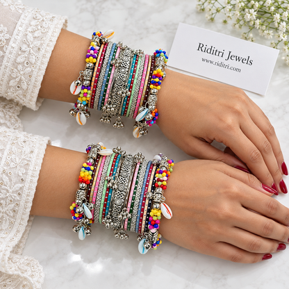 Kodi Garba Bangle Set – full stack of multicolour dotted bangles and silver-toned ghungroo bangles framed by beaded kodi kadas, view 2