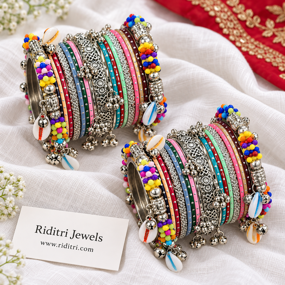 Kodi Garba Bangle Set – close-up of bright beads, cowrie shells and jingling ghungroos for Navratri and dandiya, view 3
