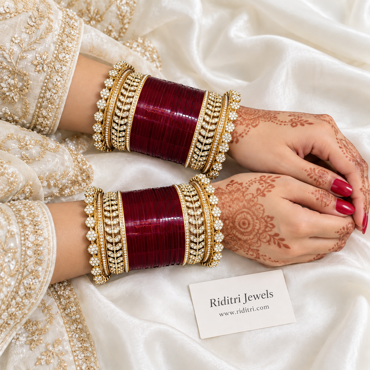 Maroon Bridal Chooda – AD Stone Kadas – both hands with gold-toned leaf-pattern kadas and flower-edge borders, view 2