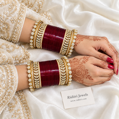 Maroon Bridal Chooda – AD Stone Kadas – both hands with gold-toned leaf-pattern kadas and flower-edge borders, view 2