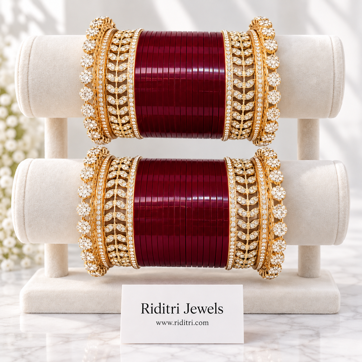 Maroon Bridal Chooda – AD Stone Kadas – close-up of deep maroon bangles and white stone sparkle, view 3