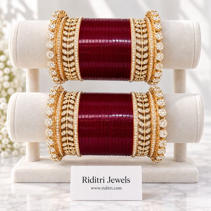 Maroon Bridal Chooda – AD Stone Kadas – close-up of deep maroon bangles and white stone sparkle, view 3