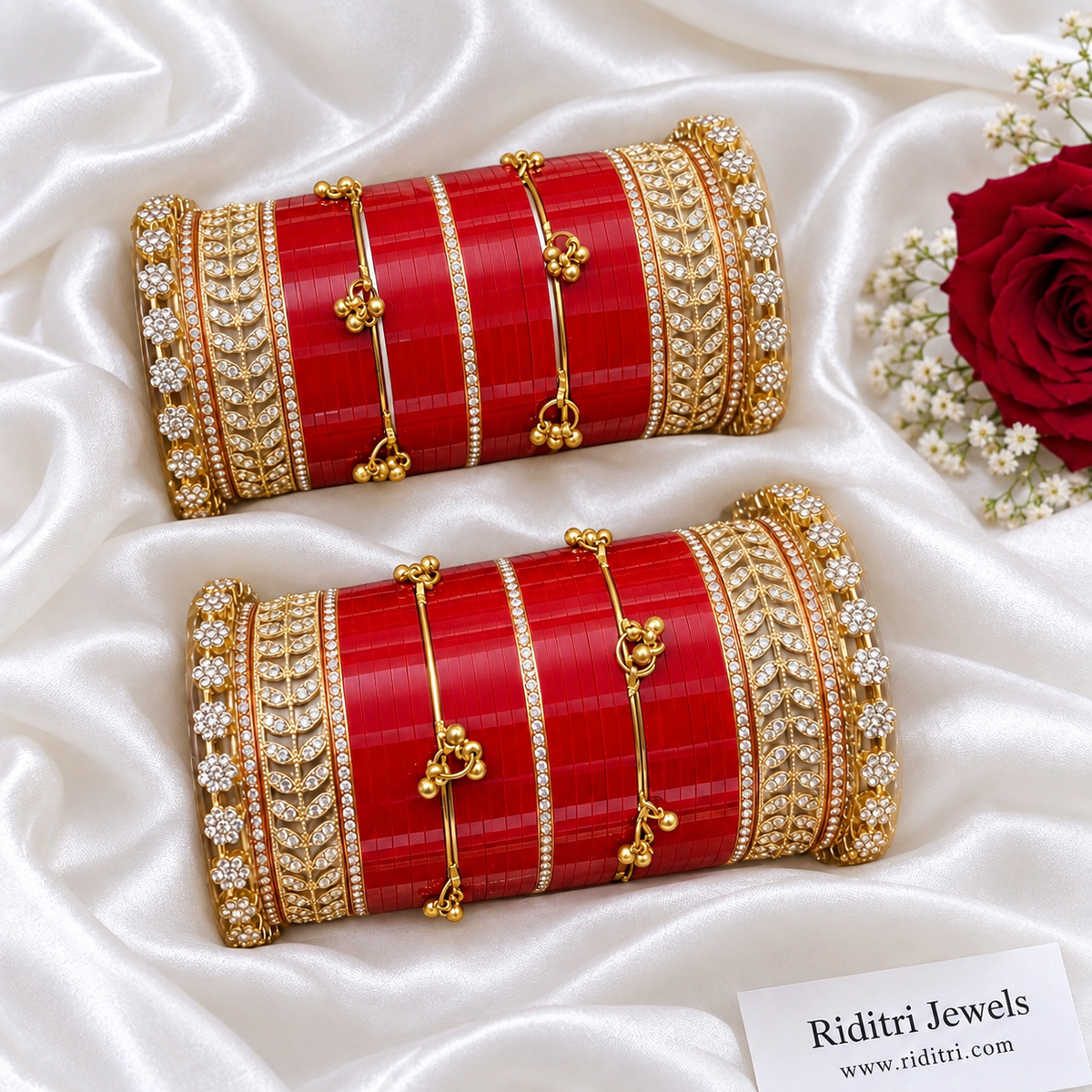 Red Bridal Chooda Set with Ghungroo – matched pair for both hands with sparkling leaf-pattern stone kadas, view 2