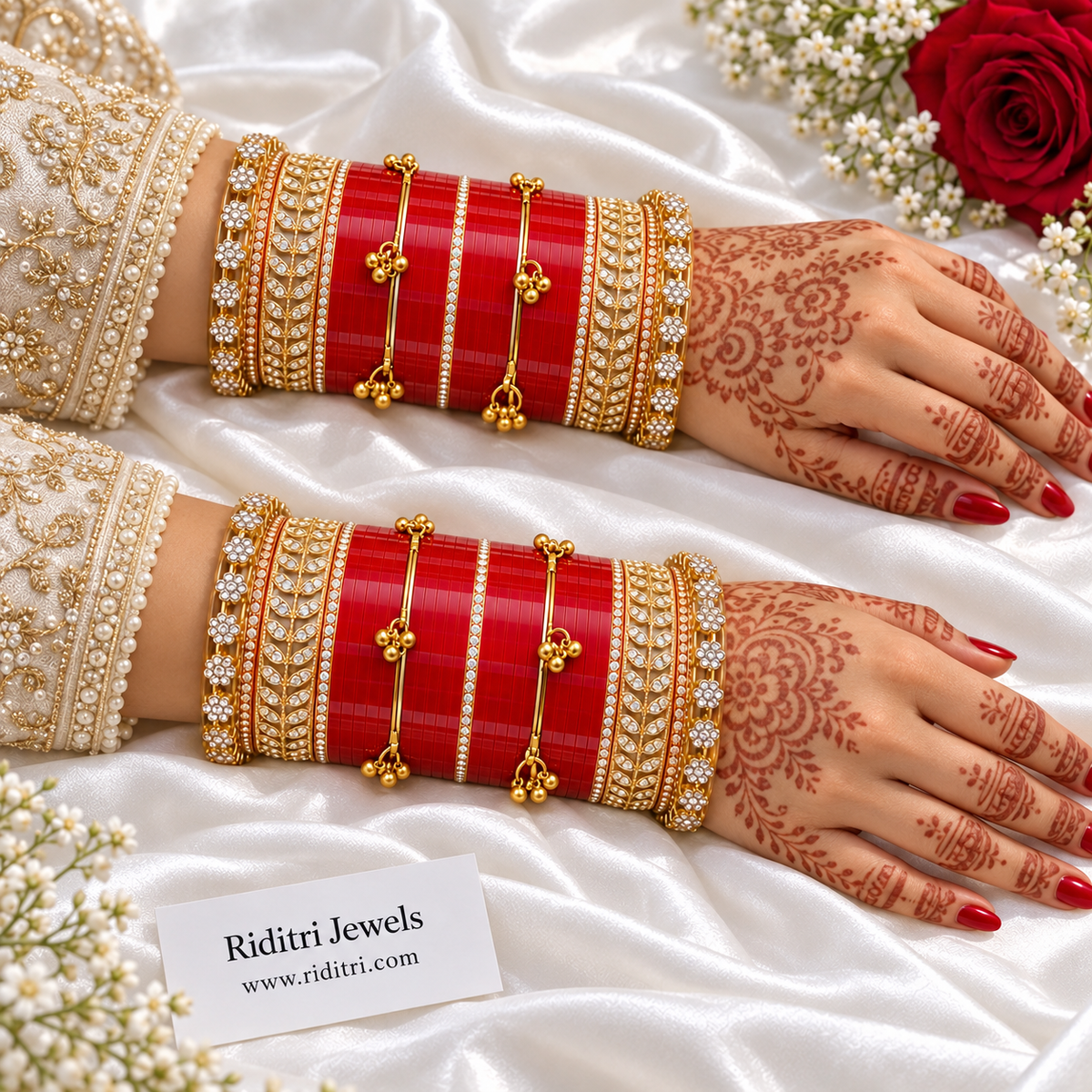 Red Bridal Chooda Set with Ghungroo – close-up of red bangles, flower-edge stone borders and ghungroo bangles, view 3