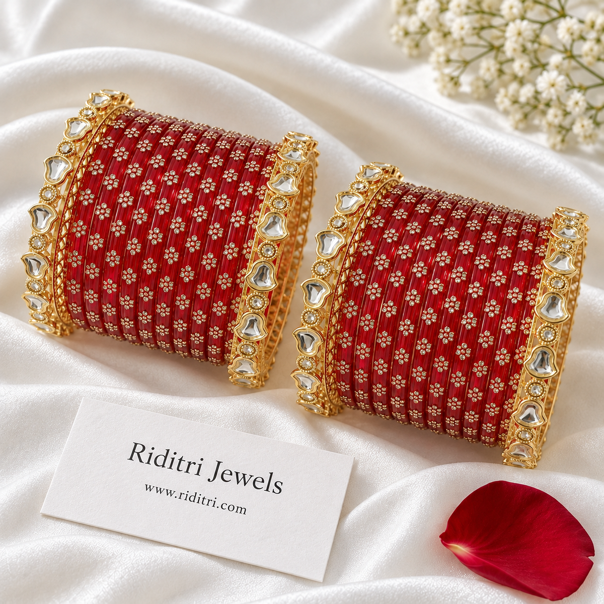 Red Glass Bangles Set with Stone Kadas