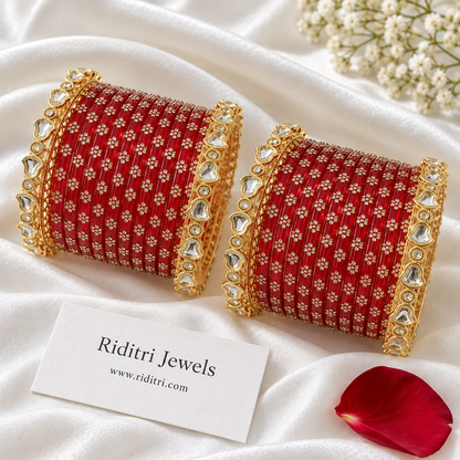 Red Glass Bangles Set with Stone Kadas
