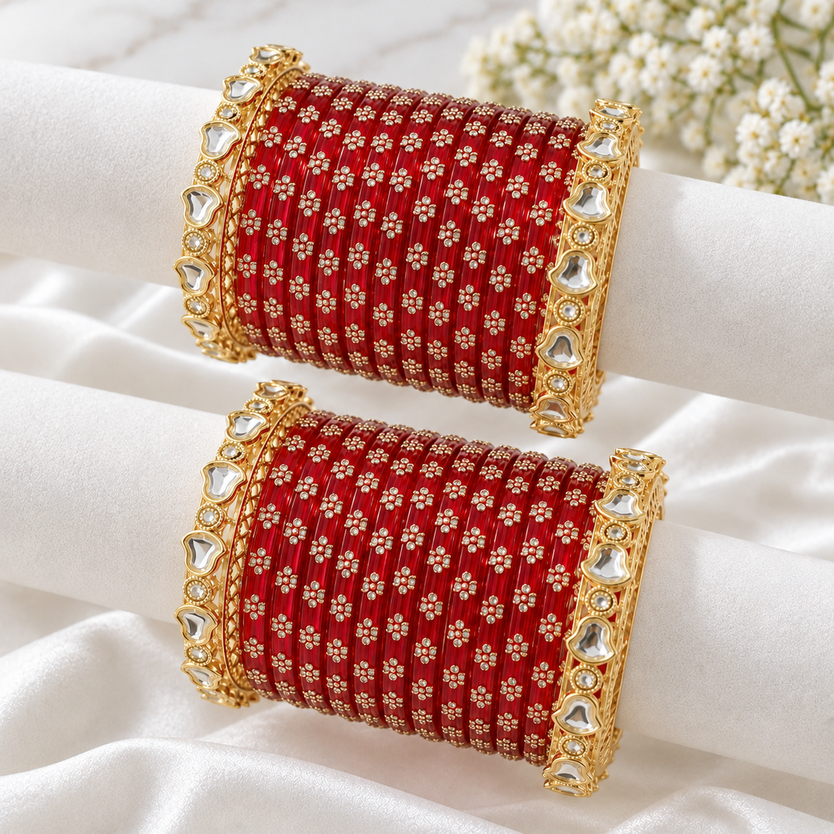 Red Glass Bangles Set with Stone Kadas