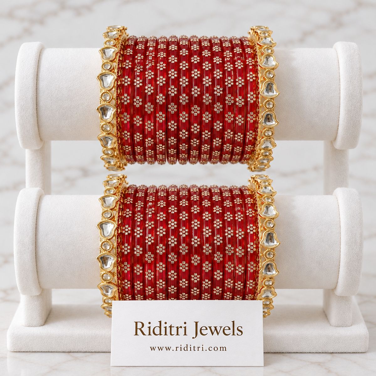 Red Glass Bangles Set with Stone Kadas