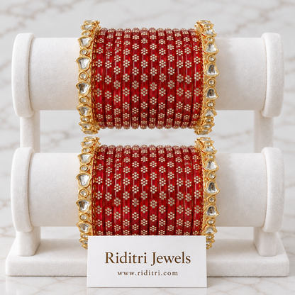 Red Glass Bangles Set with Stone Kadas