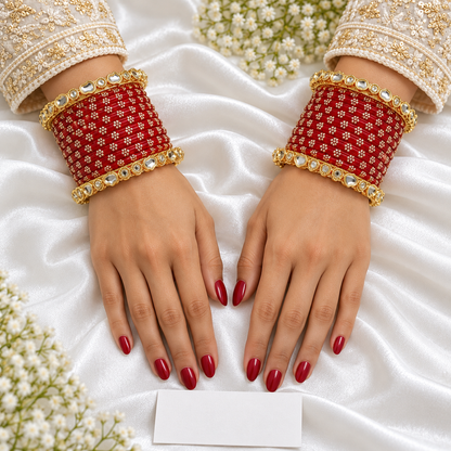 Red Glass Bangles Set with Stone Kadas