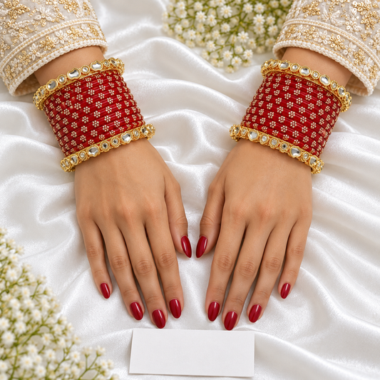 Red Glass Bangles Set with Stone Kadas