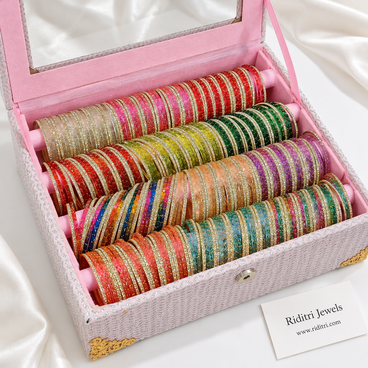 Raindrop Bangles Box with 12 dozen multicolour glass and stone bangles in a pink 4-roll box