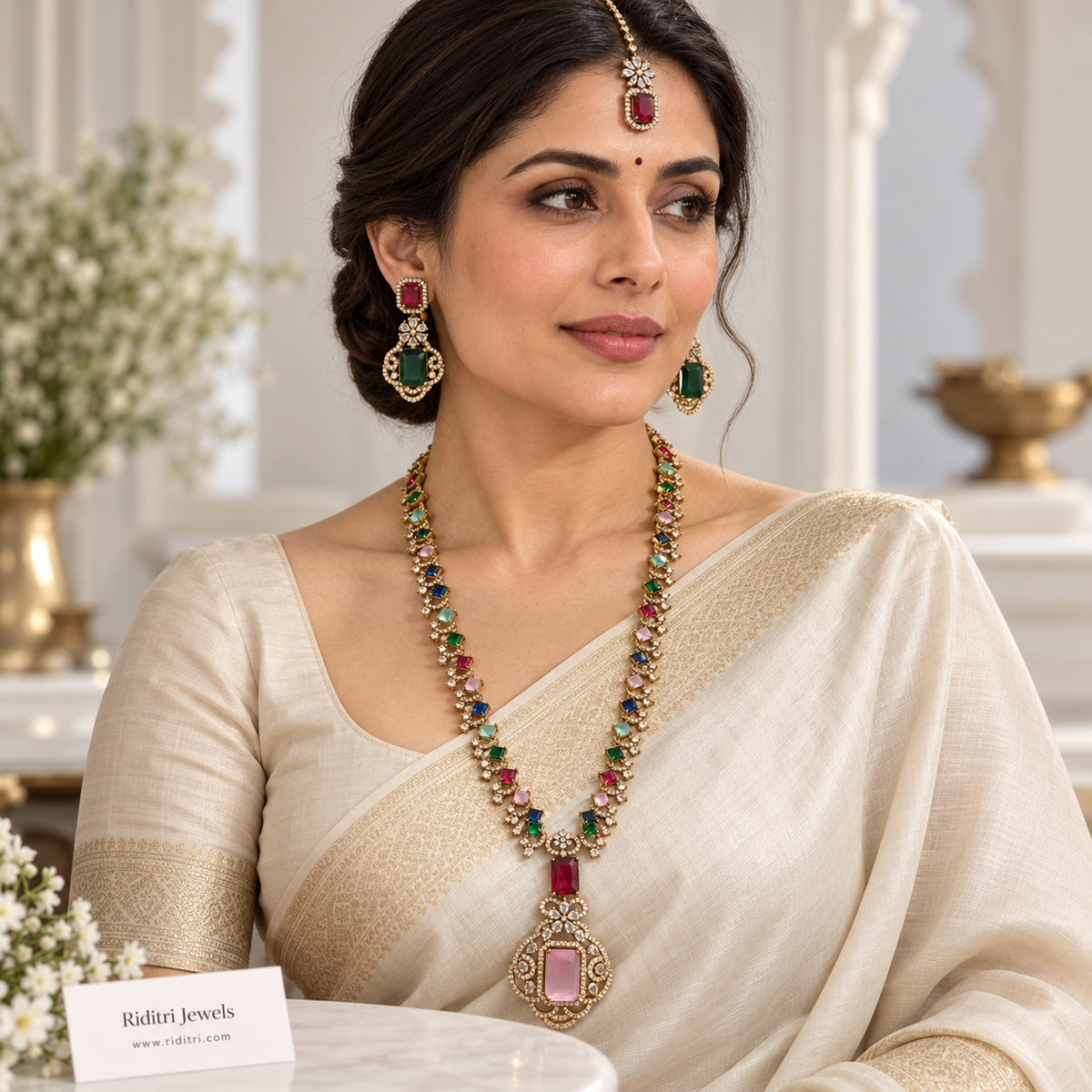 Antique gold-toned long necklace set with pink, blue, mint, green and ruby stones by Riditri Jewels