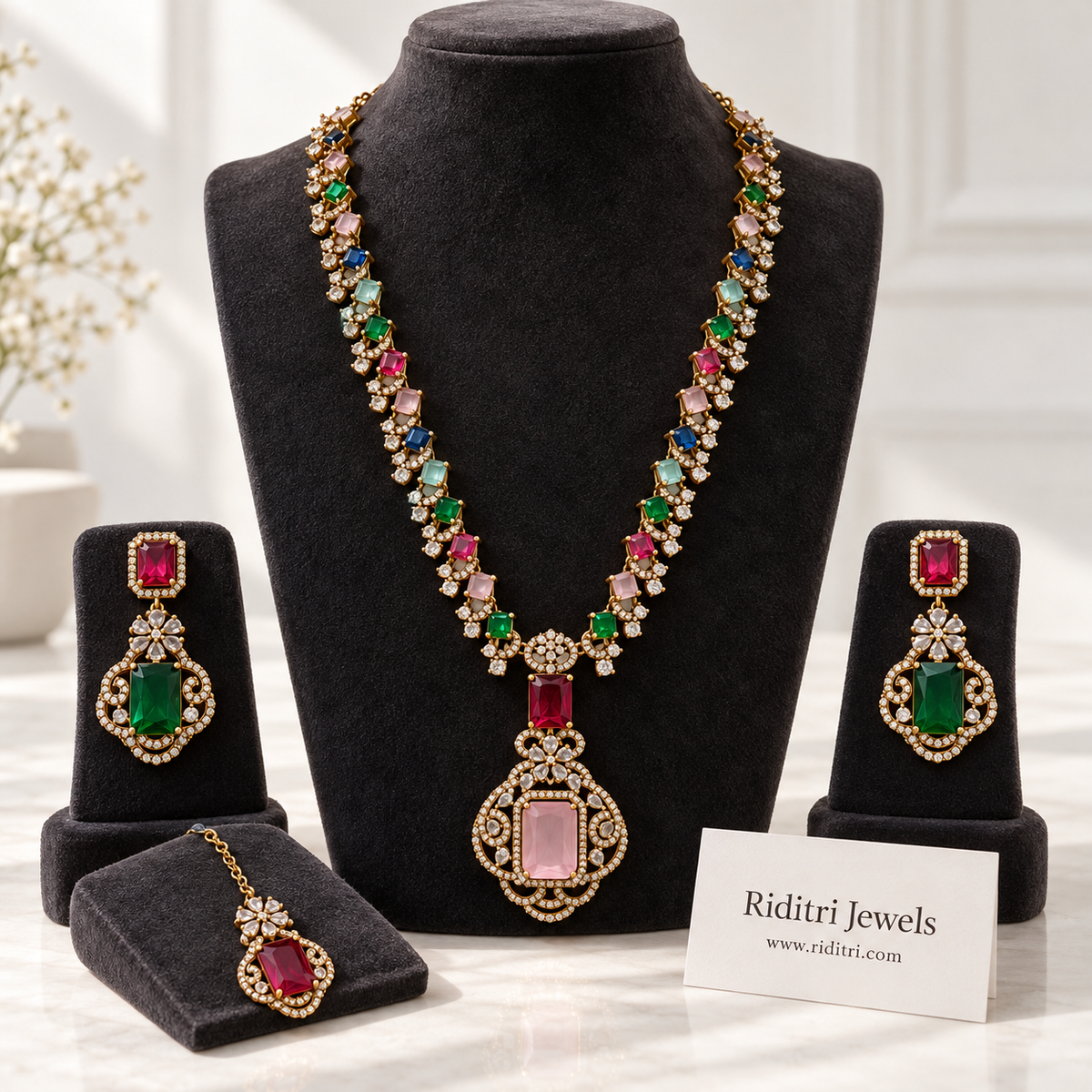 Nita Ambani inspired multicolour necklace set with long necklace, drop earrings and maang tika