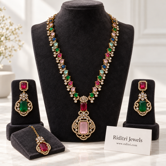 Nita Ambani inspired multicolour necklace set with long necklace, drop earrings and maang tika