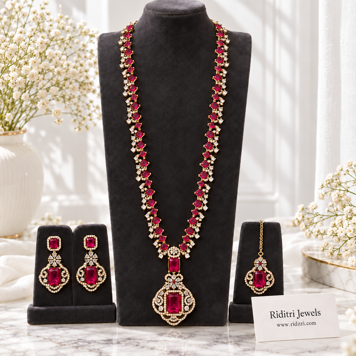 Nita Ambani inspired ruby gold necklace set with long necklace, drop earrings and maang tika