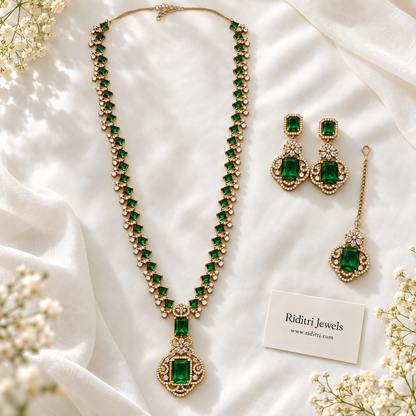 Nita Ambani inspired emerald green necklace set with long necklace, drop earrings and maang tika