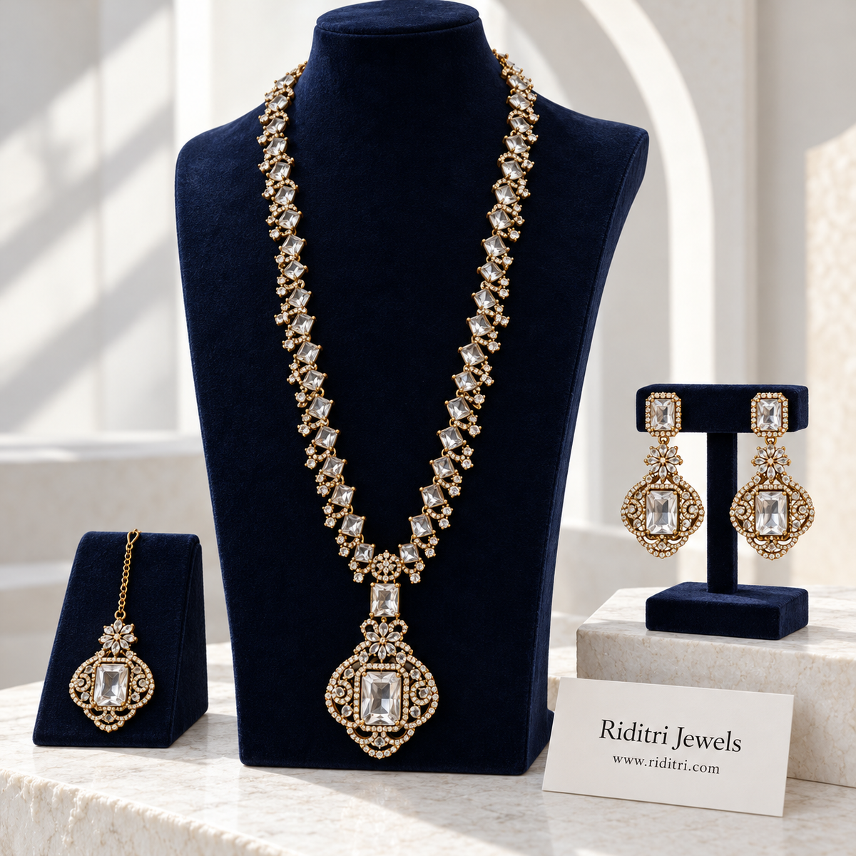 Nita Ambani inspired white stone necklace set with clear stones on antique gold-toned base