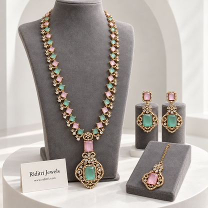 Nita Ambani inspired pastel mint green and baby pink necklace set with earrings and maang tika
