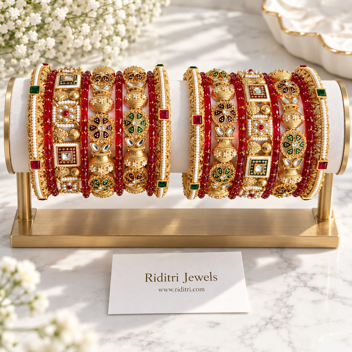 Rajwadi Maharani red and gold bangle set with meenakari, kundan-style and pearl bangles on a stand