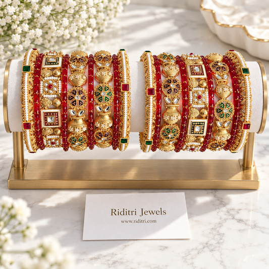 Rajwadi Maharani red and gold bangle set with meenakari, kundan-style and pearl bangles on a stand