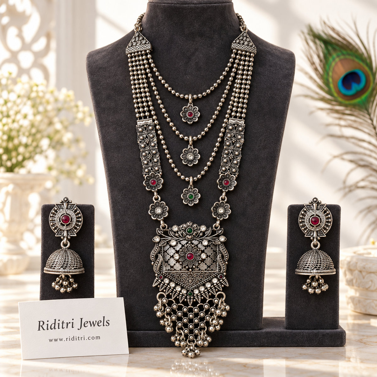 Rani haar layered oxidised necklace set with jaali pendant and matching jhumka earrings